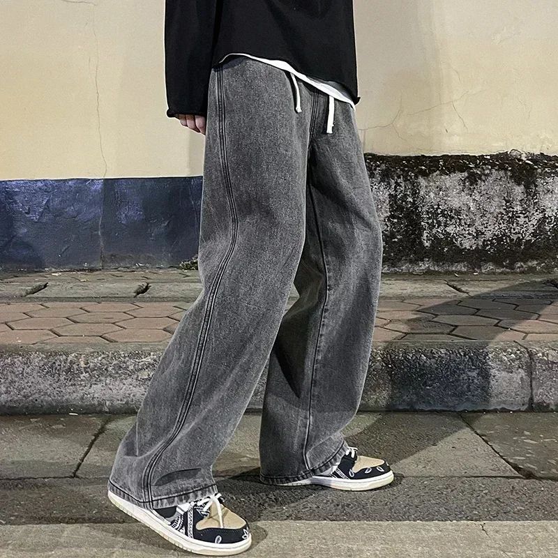 2025 Streetwear Loose Jeans Men Korean Style Fashion Loose Straight Wide Leg Pants Men's New Brand Clothing Black Light Blue