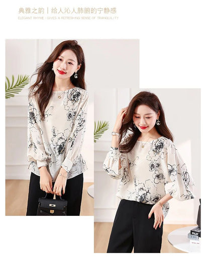 Tcyeek, 100%Real Silk Elegant Shirt, Women Long Sleeve ONeck Printed, Loose Fashion OL Blouses, 2024 Summer Autumn T47116QM