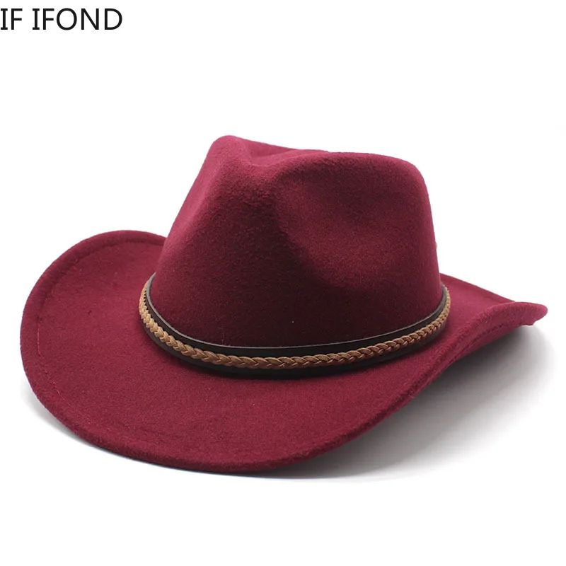 Winter Roll Up Brim Western Cowboy Hat With Leather Retro Gentleman Lady Jazz Cowgirl Cap Church Sombrero Caps