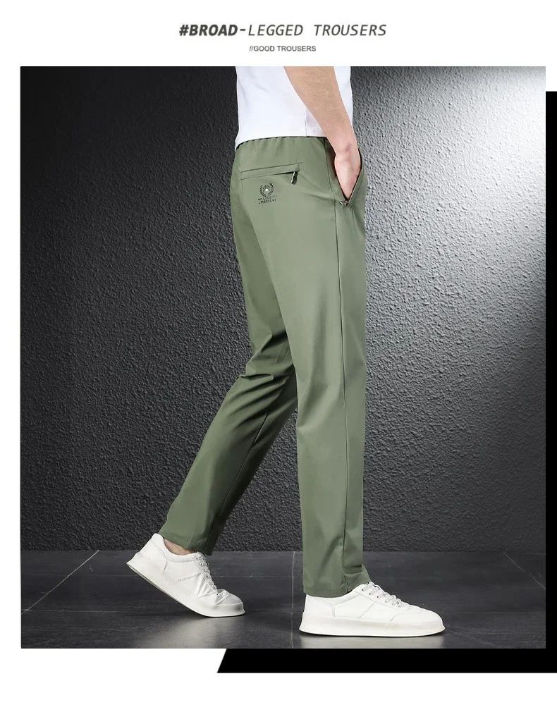 2024 Summer Soft Ice Silk Fabric Men's Thin Casual Pants Korean-style Fashion  Straight High Stretch Trousers Male Luxury Brand