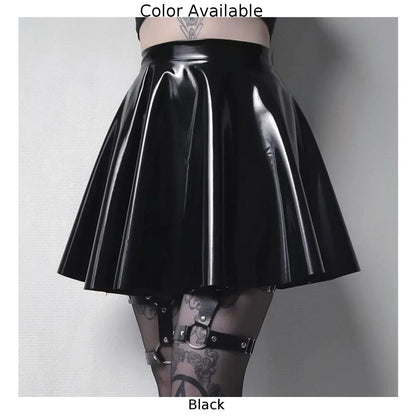 Womens Shiny PVC  Patent Leather Skirt Sexy Wet Look Leather Pleated Skirt Front Bodycon Elastic Latex Mini Short Skirt