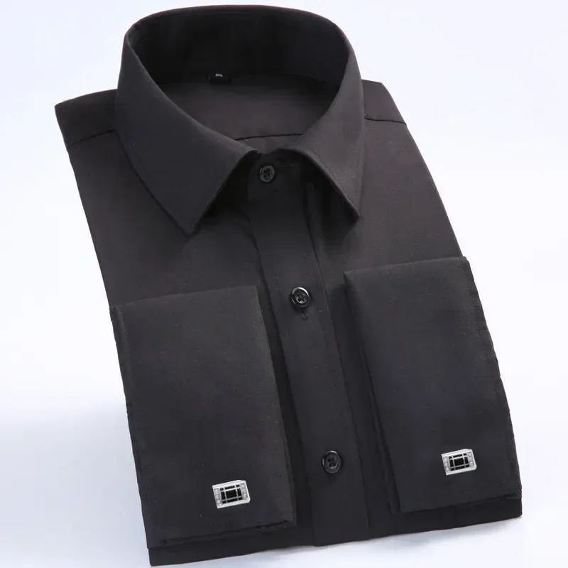 2024 New M~6XL Men's French Cuff Dress Shirt Yellow -White-Purple-Black Long Sleeve Formal Business Buttons Regular Fit Comfort