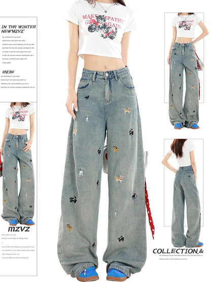 Plus Size Women's Black Dog Embroidery Loose Wide Leg Jeans High Waist Straight Cut Slimming Denim Pants Spring Autumn