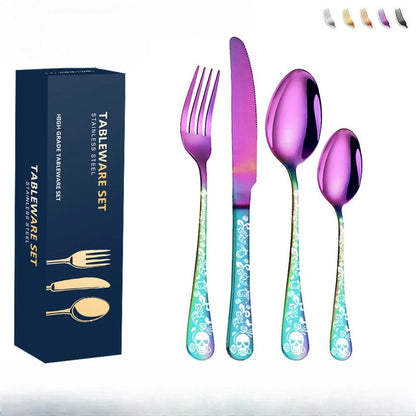 Presentes de Halloween Conjunto de talheres de aço inoxidável com caveira moderno Garfo e colher Conjunto de 4 peças Garfos de cozinha portáteis e