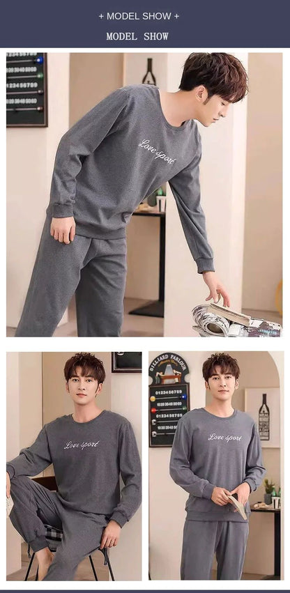 Cotton Pajamas Men Spring and Fall Long-Sleeved Long Pants Korean Version of the Loose Homewear Solid Sleepwear Loungewear Large