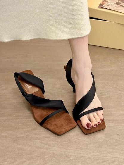 French High Heel Sandals Women's 2025 New Super Popular Design Sensation Single Strap Square Head Toe Exposure Thin Heel Sandals