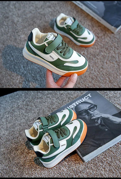 Children's Spring New Leather Upper Sneakers Middle Large Children's Casual Shoes Boys and Girls Soft Sole Students Tennis Shoes