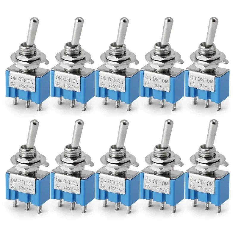 10Pcs Light Blue Miniature Toggle Switch MTS-102/103/202/203 3 Pin 6 Pin Rocker Power Switch ON-OFF-ON / ON-OFF Waterproof Cap