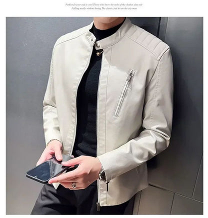 Stand Collar Solid Color White Black Leather Jacket Zip Up PU Coat Men's Motorcycle Leather Jacket Male Spring Autumn Casual
