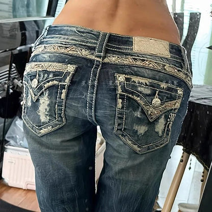 Retro American Washed Low Waist Bell Bottom Jeans Women's Y2K Millennium Sexy Lace Trimmed Floor Length Pants