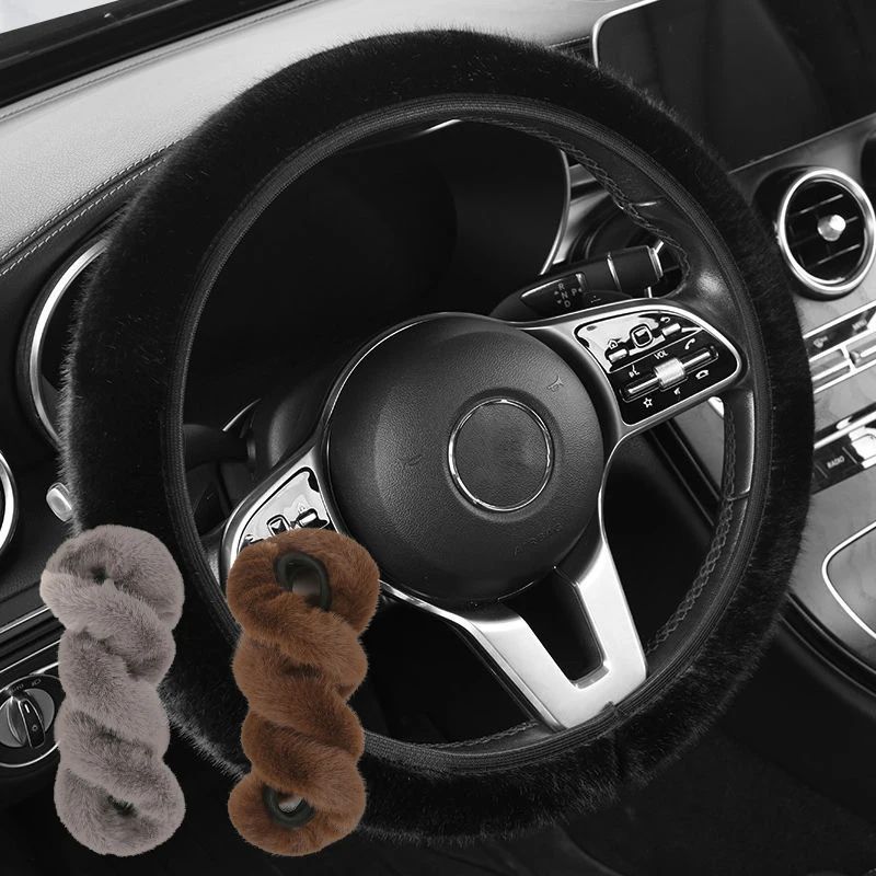 1 peça de capa de volante de pelúcia imitação de pele de vison elástica antiderrapante e quente para volante de carro