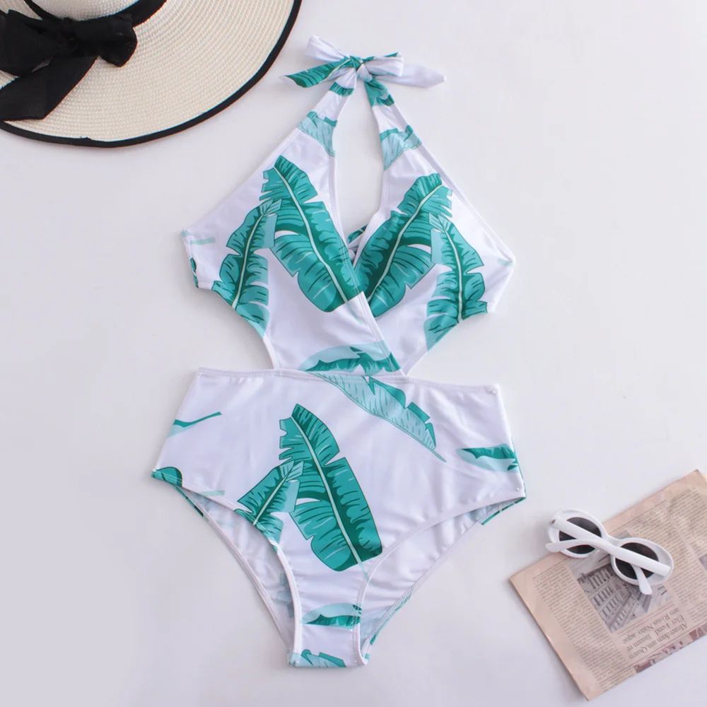 V-neck Halter Bikini Hollow Out Bandage Backless Monokini Vacation Swimwears Women Swimsuit Brazilian Beach Outfit Bathing Suits