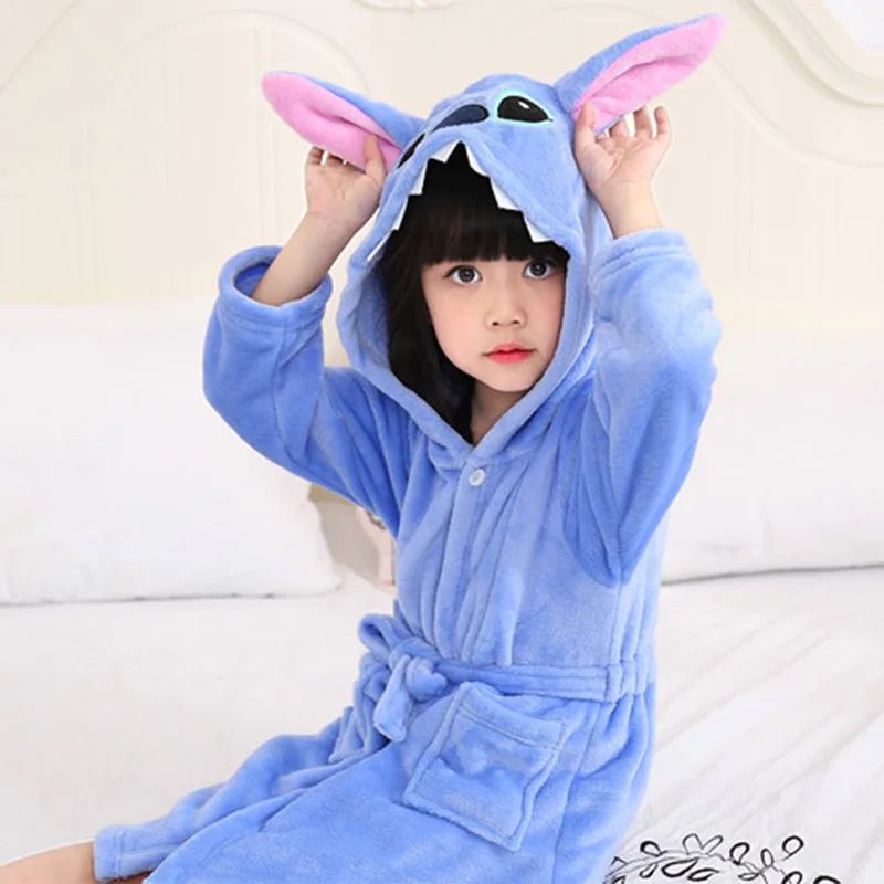 Roupão Disney Stitch Infantil Menina Pijama 3 4 5 6 7 Anos Azul Flanela Inverno Crianças Pijama Meninos Robe