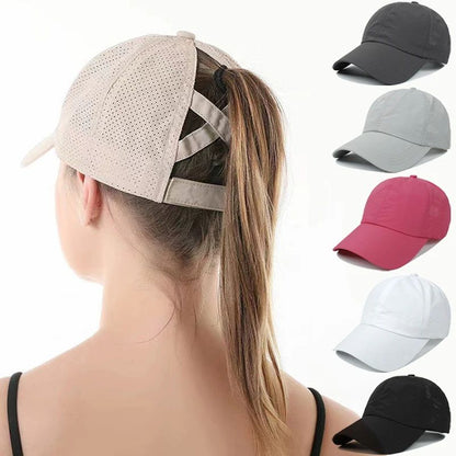Boné de Beisebol de Verão Cor Sólida Roupa de Golfe Feminina Esporte Lazer Boné Cruzado com Rabo de Cavalo Chapéu de Malha Secagem Rápida Meio-Oco Boné Masculino com Aba Curva