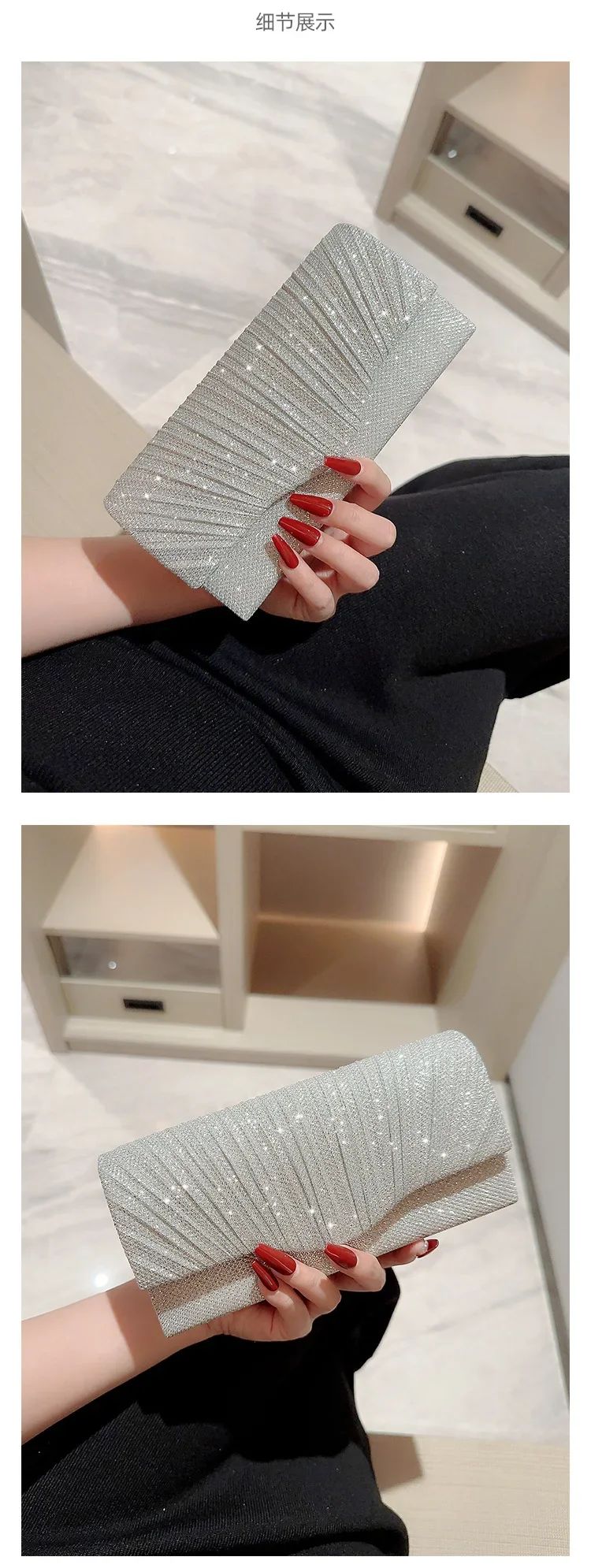 Glitter Ladies Silver Clutch Bag Envelope Evening Bag Fashion Elegant Long Purse Women Chain Shoulder Bags Wedding Party Handbag