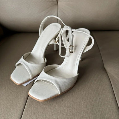 Gold Patent Leather Ankle Buckle High Heeled Sandals Women Sexy Square Toe Open Toe High Heels Summer Fashion Party Office Shoes