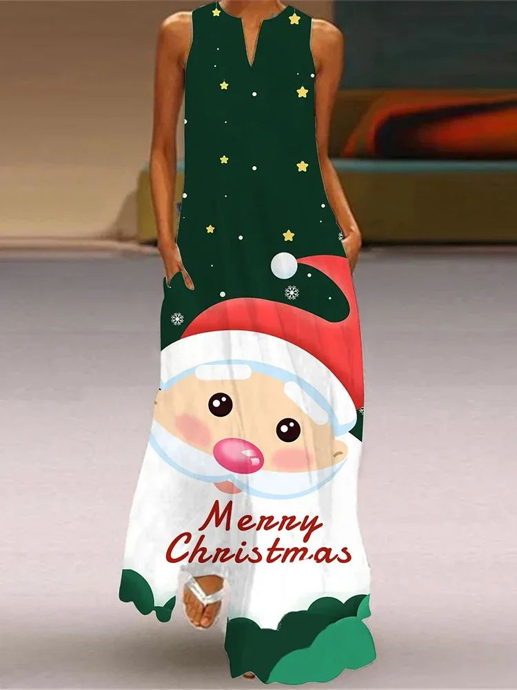 Christmas Dress For Womens Cute CartoonChristmas Element Pattern Print Maxi Dress Sexy Sleeveless V-neck Casual Long Dress Robe