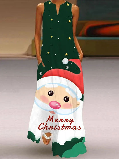 Christmas Dress For Womens Cute CartoonChristmas Element Pattern Print Maxi Dress Sexy Sleeveless V-neck Casual Long Dress Robe