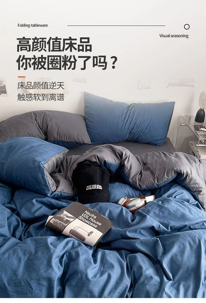 2025 new class A can sleep naked washed cotton solid color sheets student dormitory simple double-spell four-piece bedding