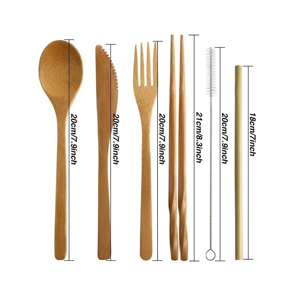 Conjunto Portátil de Talheres Reutilizáveis de Bambu Garfo Faca Colher de Madeira com Estojo de Viagem Utensílios de Cozinha Ecológicos