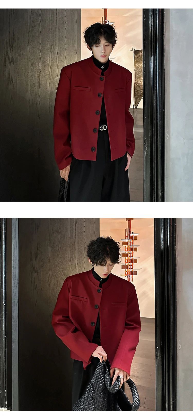 Wine Red Blazers Men Suit Jackets Casual Stand Collar Solid Color Male Short Coats Korean Trendy Men's Clothing Autumn New