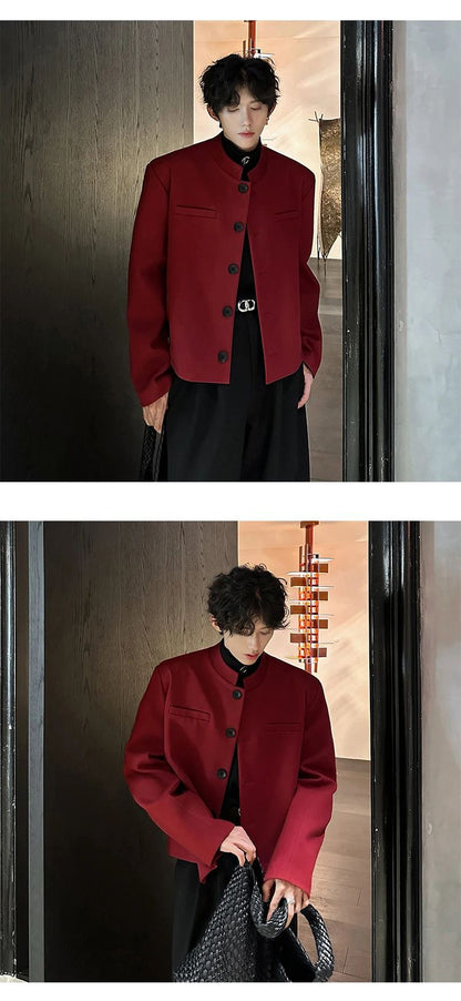Wine Red Blazers Men Suit Jackets Casual Stand Collar Solid Color Male Short Coats Korean Trendy Men's Clothing Autumn New