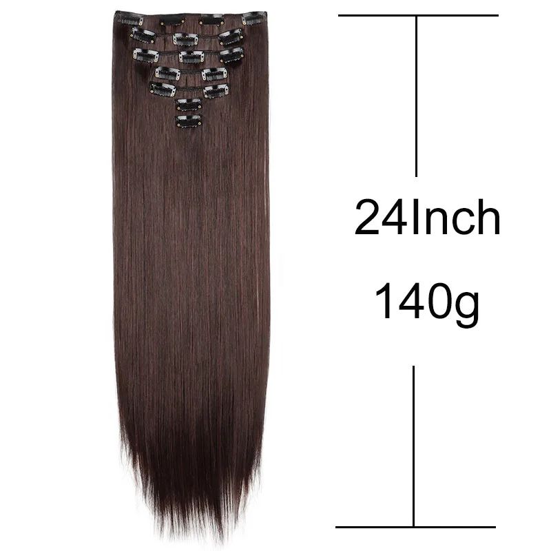 Aplique de Cabelo Sintético Liso Longo 24 Polegadas 7 Peças/Conjunto 16 Clipes Penteado Preto Loiro Extensões de Cabelo