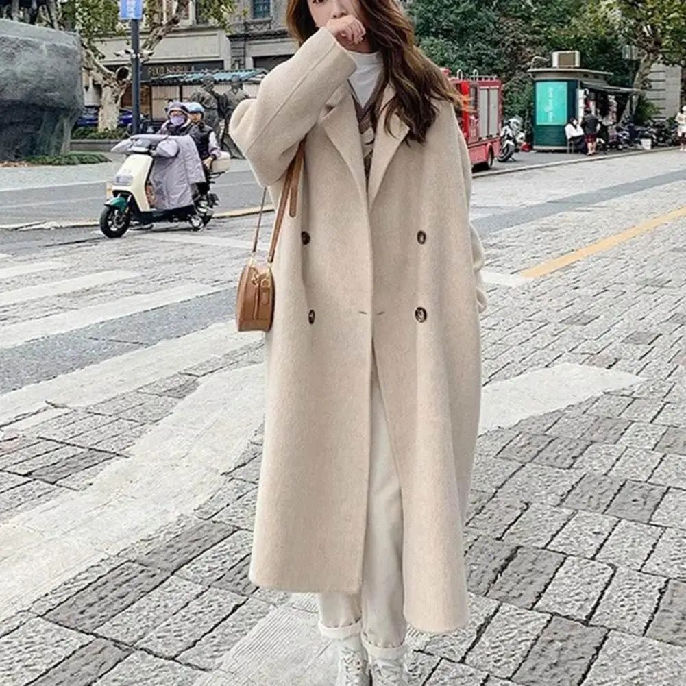 Women Coat Double-Breasted Mid-length Outerwear Lapel Stylish Warm Mid-Length Double Pockets Winter Coat Lady Accessories