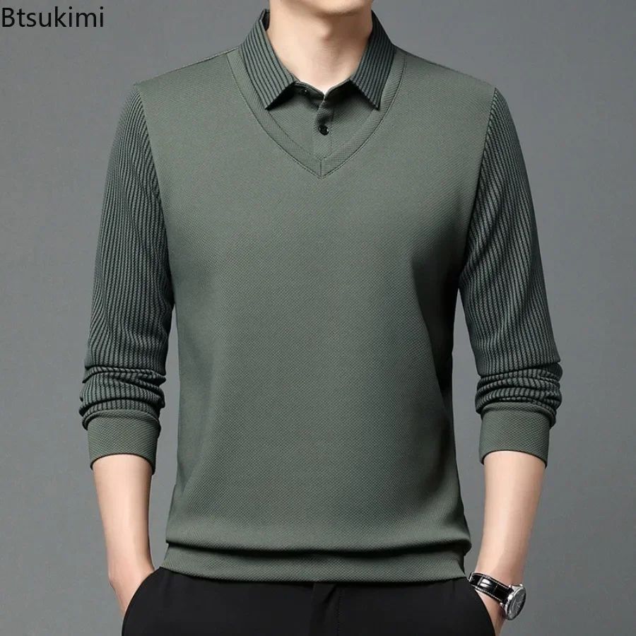 Fashion Fake Two-piece Men Long Sleeve Shirt Stripe Splice Lapel Loose Casual Pullover Tops 2025 Male Formal Business Polo Shirt