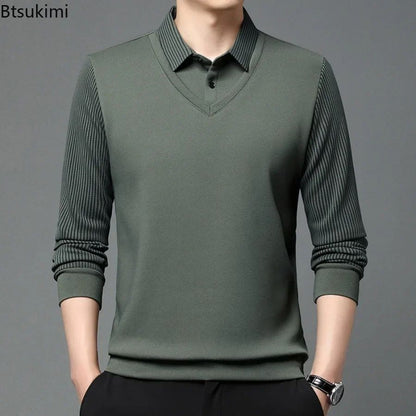Fashion Fake Two-piece Men Long Sleeve Shirt Stripe Splice Lapel Loose Casual Pullover Tops 2025 Male Formal Business Polo Shirt
