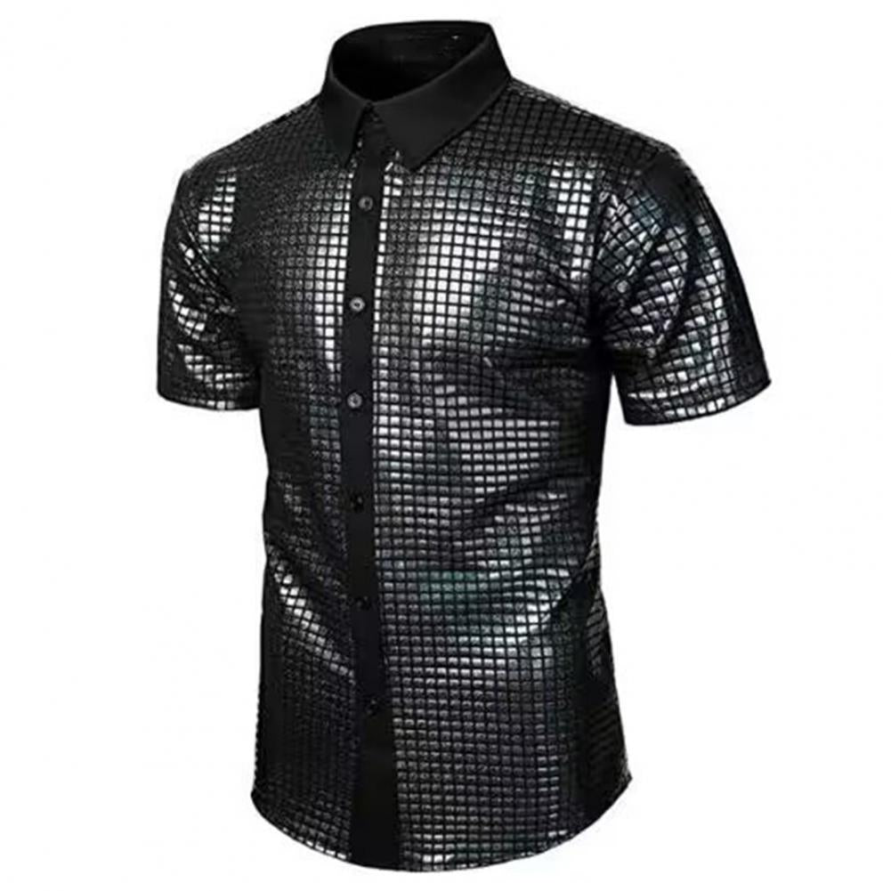 Club Sequin Shirt Mens 70s Disco Costume Vinatge Shirt Turn-down Collar Reflective Shiny Sequins Short Sleeve Button Down Shirt