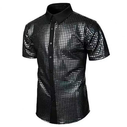 Club Sequin Shirt Mens 70s Disco Costume Vinatge Shirt Turn-down Collar Reflective Shiny Sequins Short Sleeve Button Down Shirt