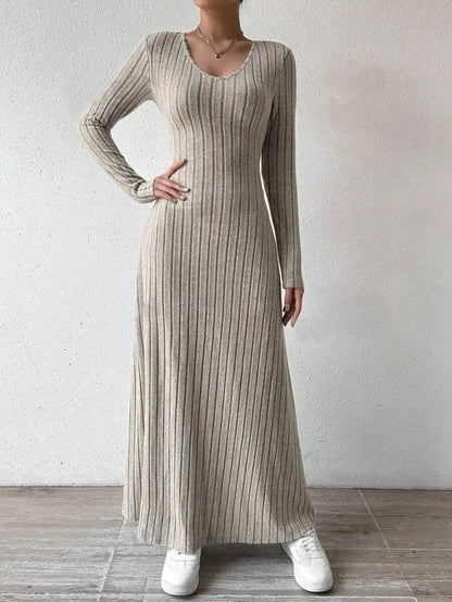Fashionable Knitted Long Sleeve A- Line Streetwear Dress For Women Smooths And Slims Your Silhouette Solid Color Long Dress
