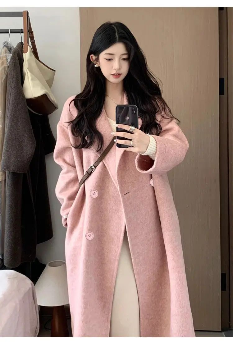 Oatmeal Color Woolen Coat Women's Loose Mid-Length Korean Style Autumn Winter New Arrival Fashion Outerwear Pure Color Full Slee