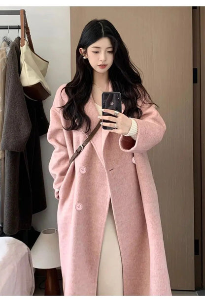 Oatmeal Color Woolen Coat Women's Loose Mid-Length Korean Style Autumn Winter New Arrival Fashion Outerwear Pure Color Full Slee