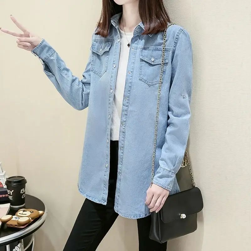 Loose Women's Denim Shirt Long Sleeve Mid-Length Slim Fit plus Size Spring Autumn New Style Student Outerwear Casual Shirt