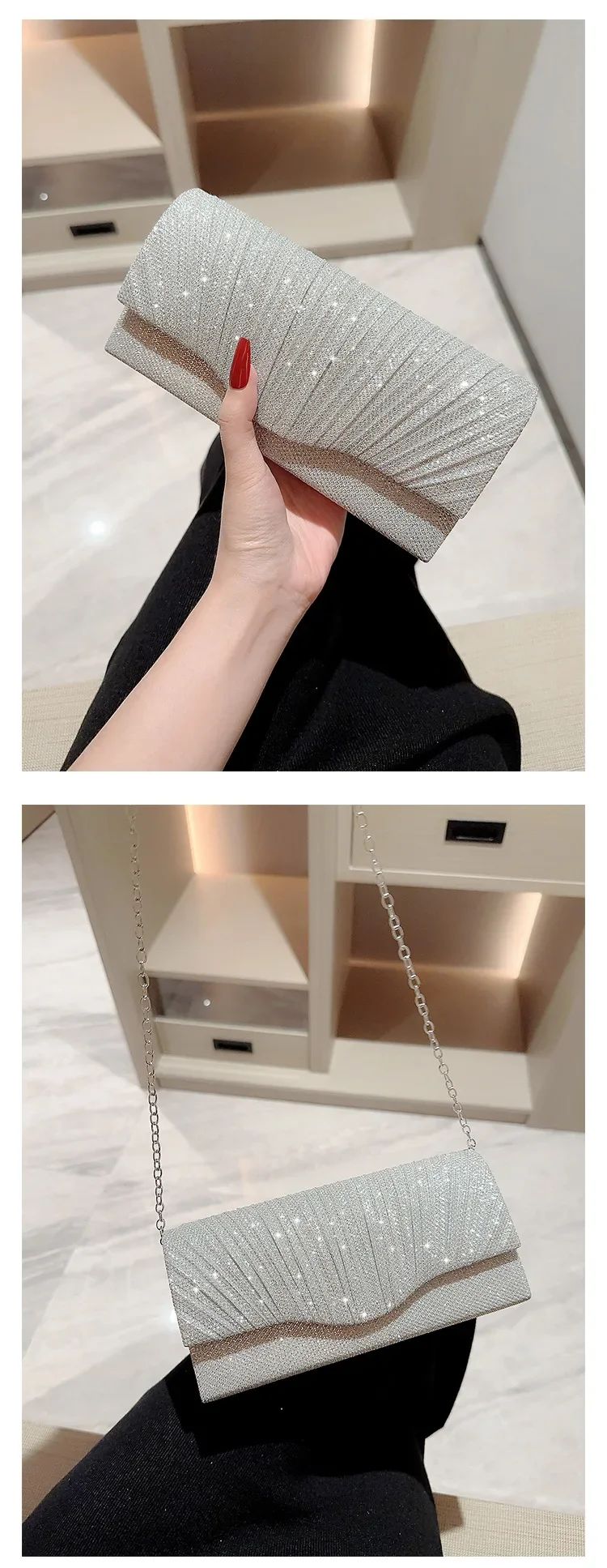 Glitter Ladies Silver Clutch Bag Envelope Evening Bag Fashion Elegant Long Purse Women Chain Shoulder Bags Wedding Party Handbag
