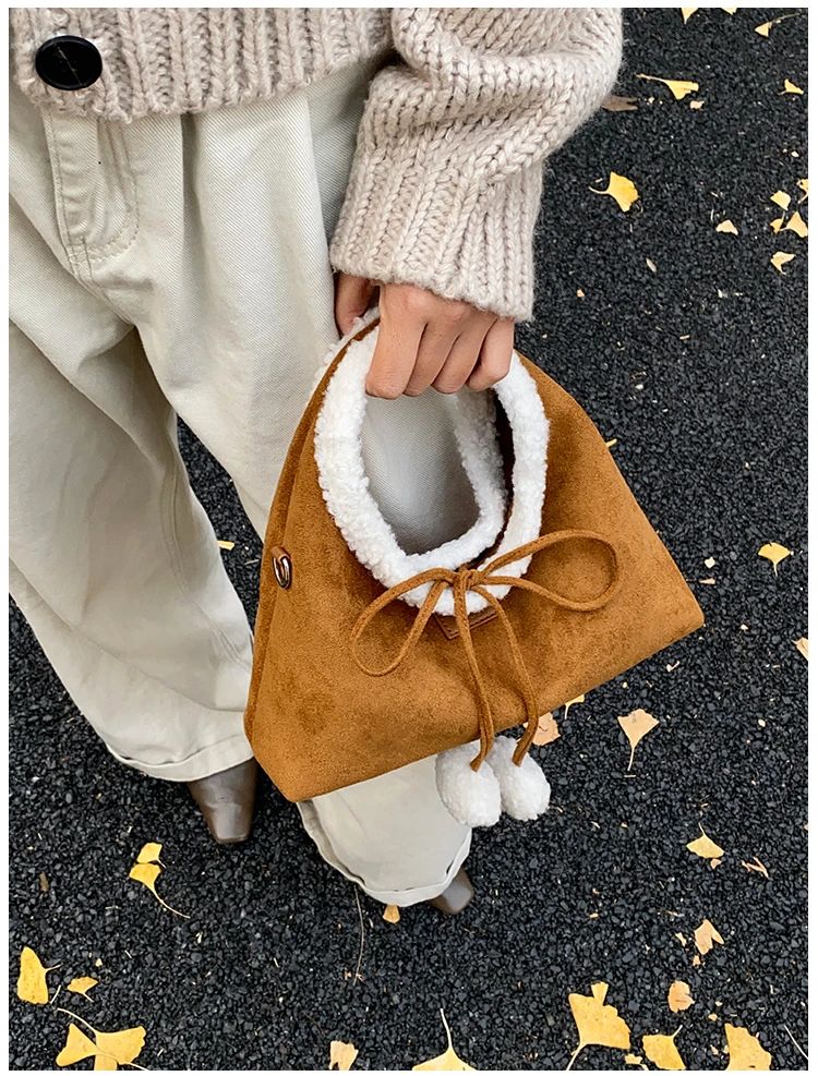 Faux Suede Solid Color Bow Hairy Cute Women's Handbags Christmas Gift Giving Fashion Bags 2025 Autumn/winter New Shoulder Bags