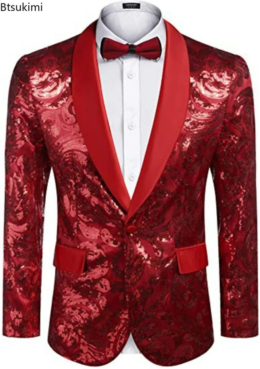 2025 Men's Shiny Gold Sequins Blazer Stylsih Shawl Collar One Button Tuxedo Floral Suit Jacket Party Wedding Groom Costume Homme