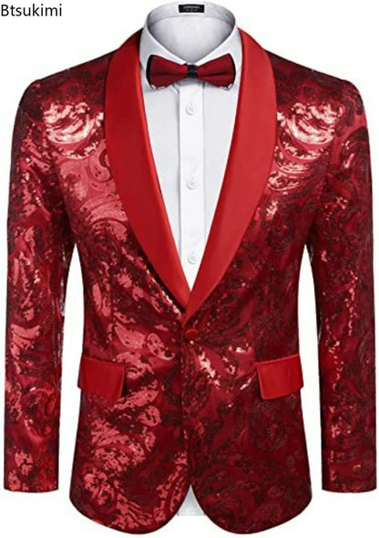 2025 Men's Shiny Gold Sequins Blazer Stylsih Shawl Collar One Button Tuxedo Floral Suit Jacket Party Wedding Groom Costume Homme