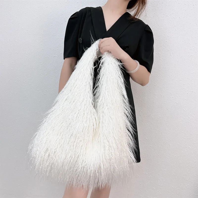 2025 NOVAS Bolsas de Ombro Pelúcia Lã Femininas Y2k Hot Girls Bolsa Saco com Cordão de Pele Sintética Moda Feminina Bolsas de Mão Peludas Tote