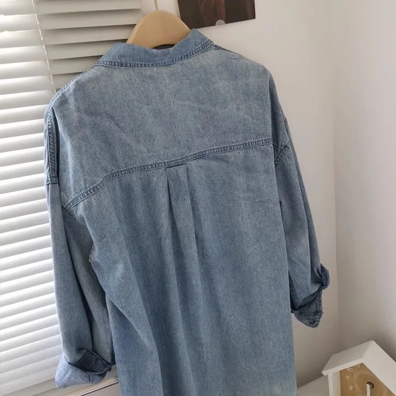 Plus Size 300 Pounds Fat MM Cartoon Embroidery Washed Denim Polo Collar Loose Meat Covering Women's Shirt Autumn Outerwear