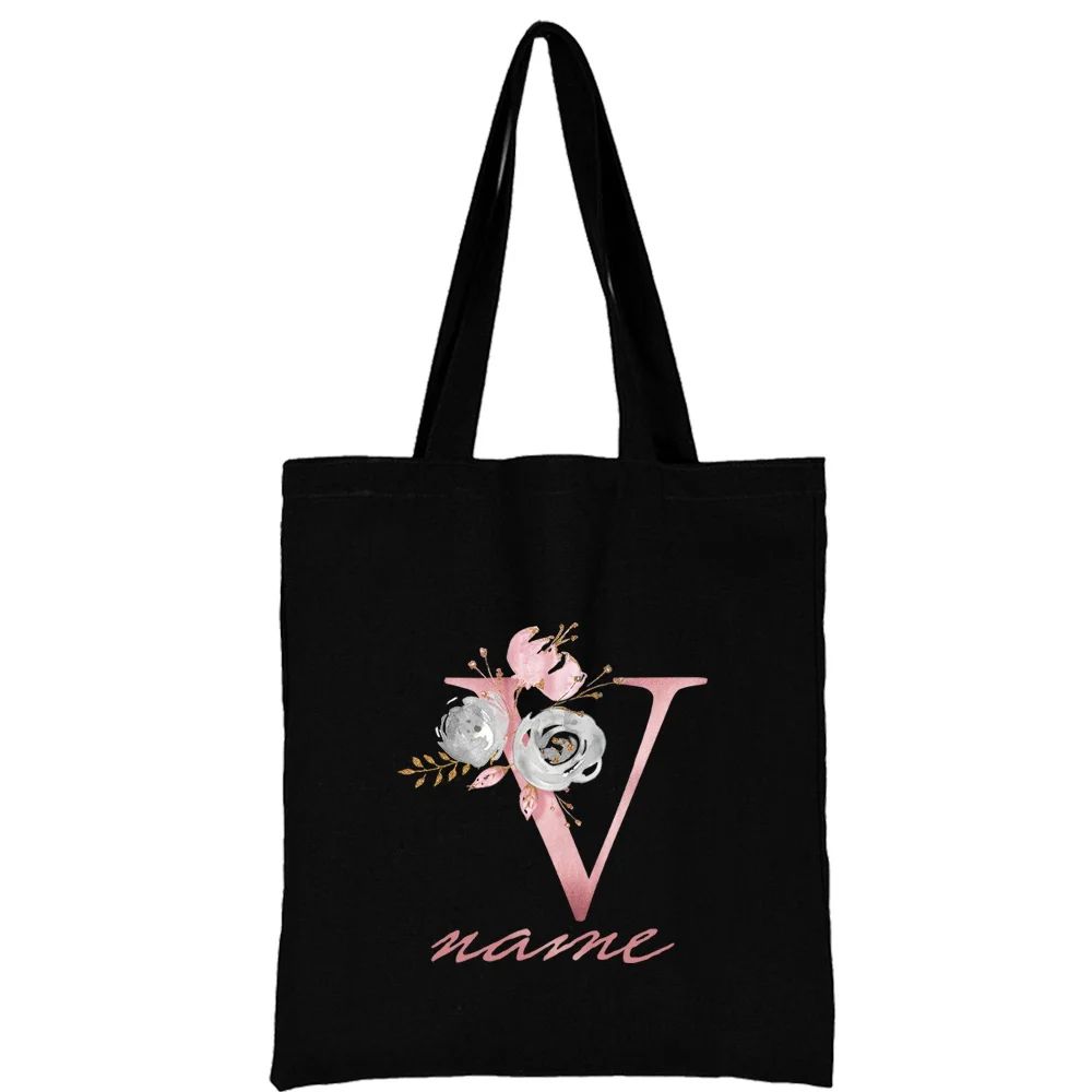 Custom Free Name Canvas Bags Women Shoulder Bag Handbags Pink Letter Beach Bags Tote Casual Woman Grocery Eco Shopping Bag