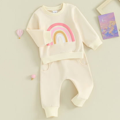 Pudcoco Infant 2PCS Baby Girls Fall Outfits Long Sleeve Rainbow Print Sweatshirt + Pants Set Toddler Clothes 3M-3T