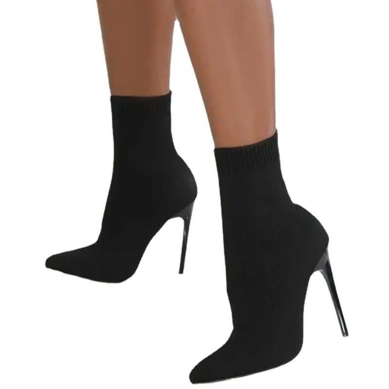 2024 Winter New Women's Boots Short High Heels Women Botas Mujer Knitted Knee-High Black Stretch Fabric Elegant Sock Boots