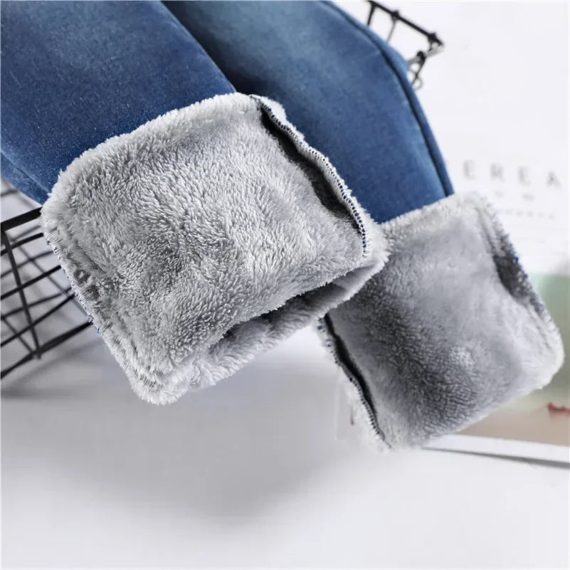 Winter Women Chic Fleece Thermal High Waist Jeans Lady Snow Warm Plush Denim Pants Girls Classic Fashion Straight Leg Trousers