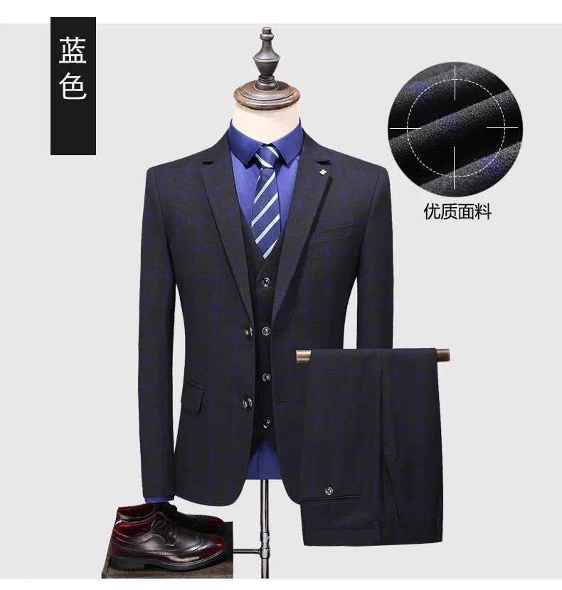 Suit (blazer+vest+pants) Man Fashion Business British Grid Trend Style Casual Hosting Slim Wedding Work Conjunto Hombre