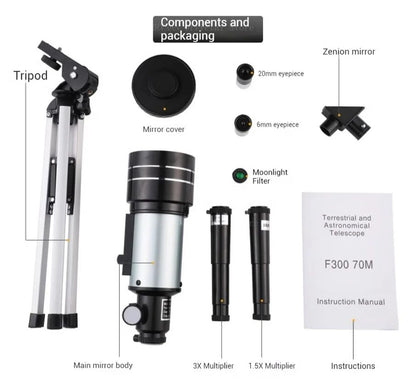 Telescópio Astronômico 150X, Telescópio Refrator Portátil de Viagem com Abertura de 70mm com Adaptador de Celular para Observação de Estrelas e da Lua