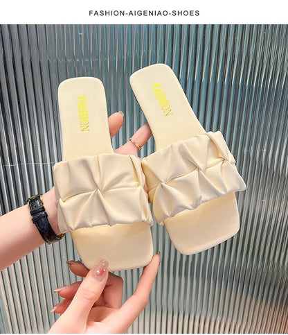 Summer Slippers For Women Flip Flops Flats 2024 New Pleated Korean Slippers Women Sandals Green Slip On Shoes Big Size 35-42