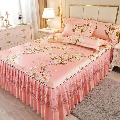 Kit 3 Peças de Lençol de Casal com Renda Clássica Azul Royal, Saia para Cama, Colcha de Casamento Lavável à Máquina, Capa de Colchão